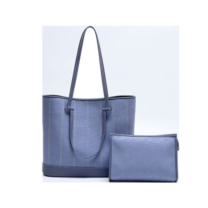 Vintage Striped Canvas and Leather Tote Bag Oversized Bucket Design Shoulder and Handheld Carry Option