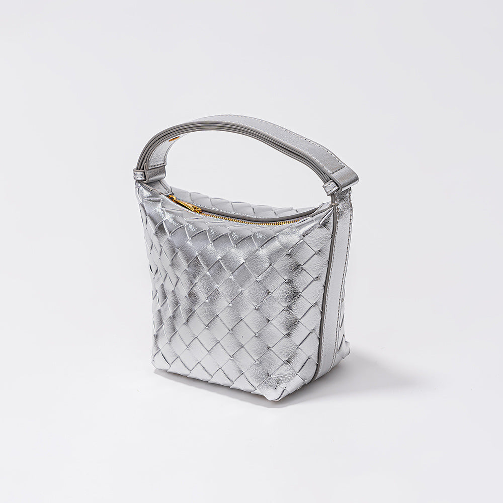 Chic Woven Lunch Box Bag Unique Silver Bucket Bag with Spacious Capacity Genuine Leather Tote for Women