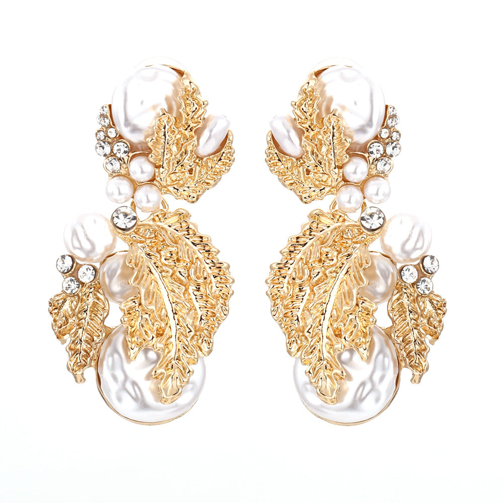 Exquisite Statement Earrings with Sparkling Rhinestones, Elegant Pearl Leaf Design - Trendy Fashion Accessory