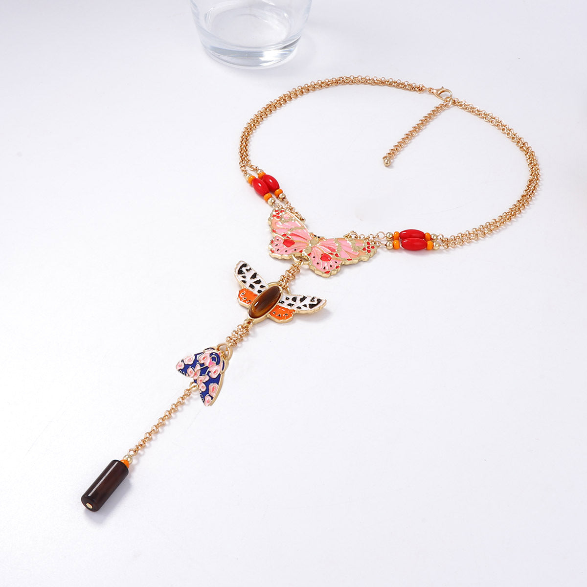 Bohemian Exaggerated Alloy Drip Oil Colorful Insect Butterfly Pendant Y-Shape Women's Chain Necklace – Unique Fashion Jewelry with Vibrant Colors and Artisan Design