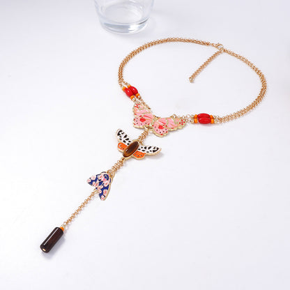 Bohemian Exaggerated Alloy Drip Oil Colorful Insect Butterfly Pendant Y-Shape Women's Chain Necklace – Unique Fashion Jewelry with Vibrant Colors and Artisan Design