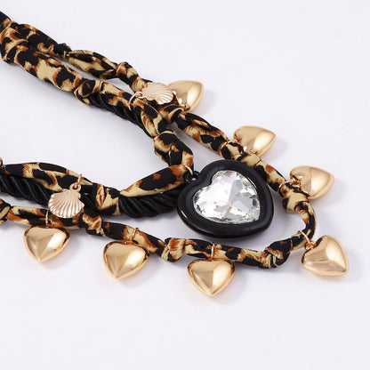 Vintage Wild Leopard Print Braided CCB Heart Pendant Necklace – Versatile, Trendy, and Perfect for Layering