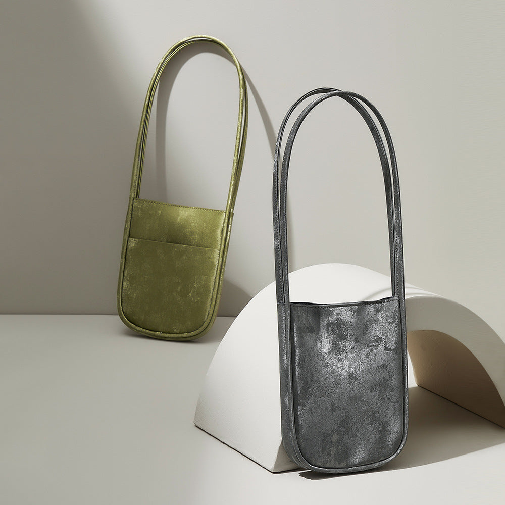 Luxurious Satin and Leather Mini Handbag Vintage Inspired Vertical Shoulder Bag with Elegant Design for Chic Everyday Wear