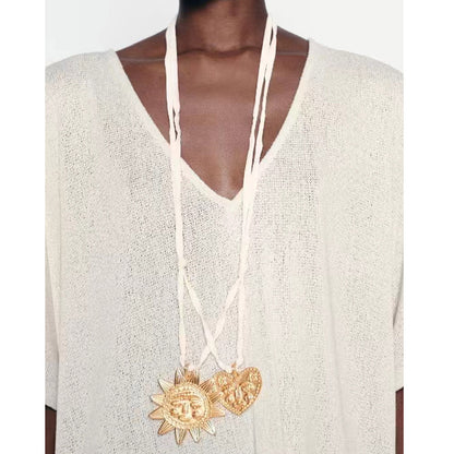 Stylish Casual Alloy Heart-Shaped Sun Pendant Necklace - Long Layered Design for Effortless Versatility