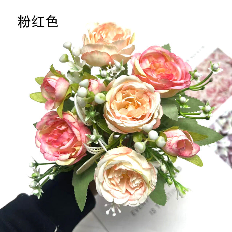 Realistic 5-Head Artificial Rose & Peony Flower Bouquet - Perfect for Weddings, Home Décor, and Special Events