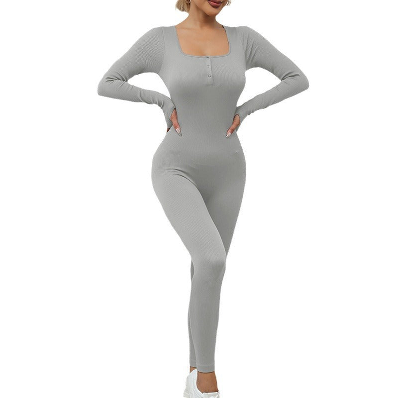 Square Neck Button Long Sleeve Jumpsuit for Women for Yoga Outdoor Training Dance and Fitness Peach Butt Lifting Workout Outfit