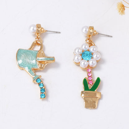 Chic Japanese and Korean Style Asymmetrical Alloy Drop Oil Pendant Earrings with Rhinestone-Studded Floral Design and Imitation Pearl Accents - Perfect for Any Occasion