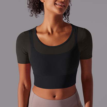 Classic Layered Mesh Sports Bra with Double Sleeves for Running Fitness and Yoga