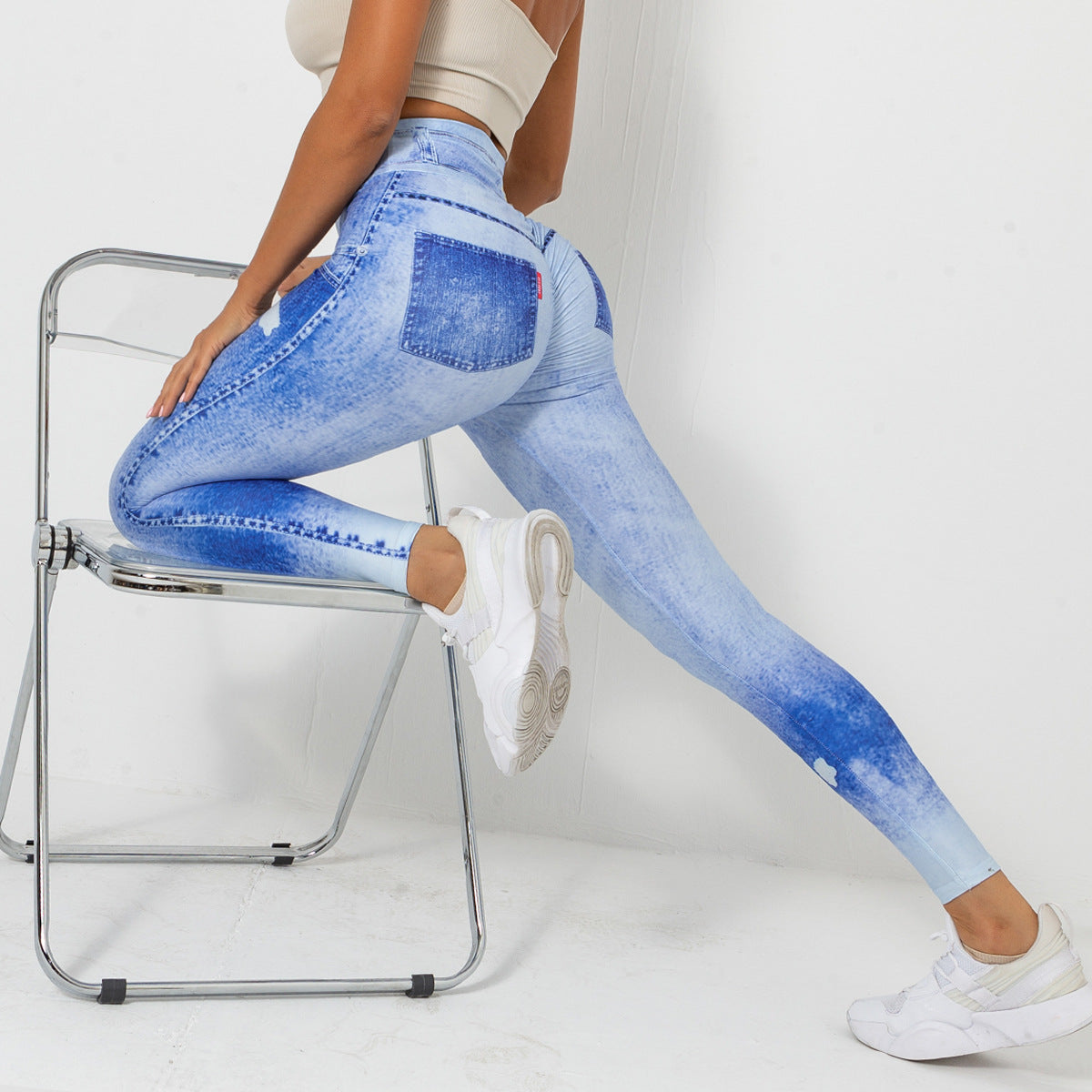 High Performance Digital Print Denim Blue Stretchy Yoga Pants for Women Quick Dry Comfortable Fitness and Running Leggings