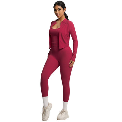 Solid Color Fleece Lined Long Sleeve Yoga Set Quick Dry Butt Lifting 3 Piece Workout Ensemble for Running and Gym Fitness