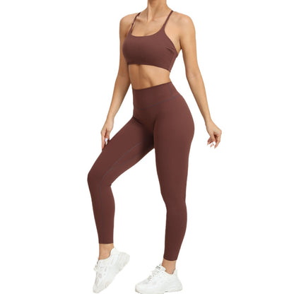 Women's Yoga Set with High Waisted Leggings Shock Absorbing Sports Bra and Flattering Back Design for Running and Fitness