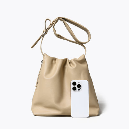 Genuine Top Grain Leather Pleated Tote Bag with Side Zip for Women Elegant Shoulder and Crossbody Design for Everyday Use