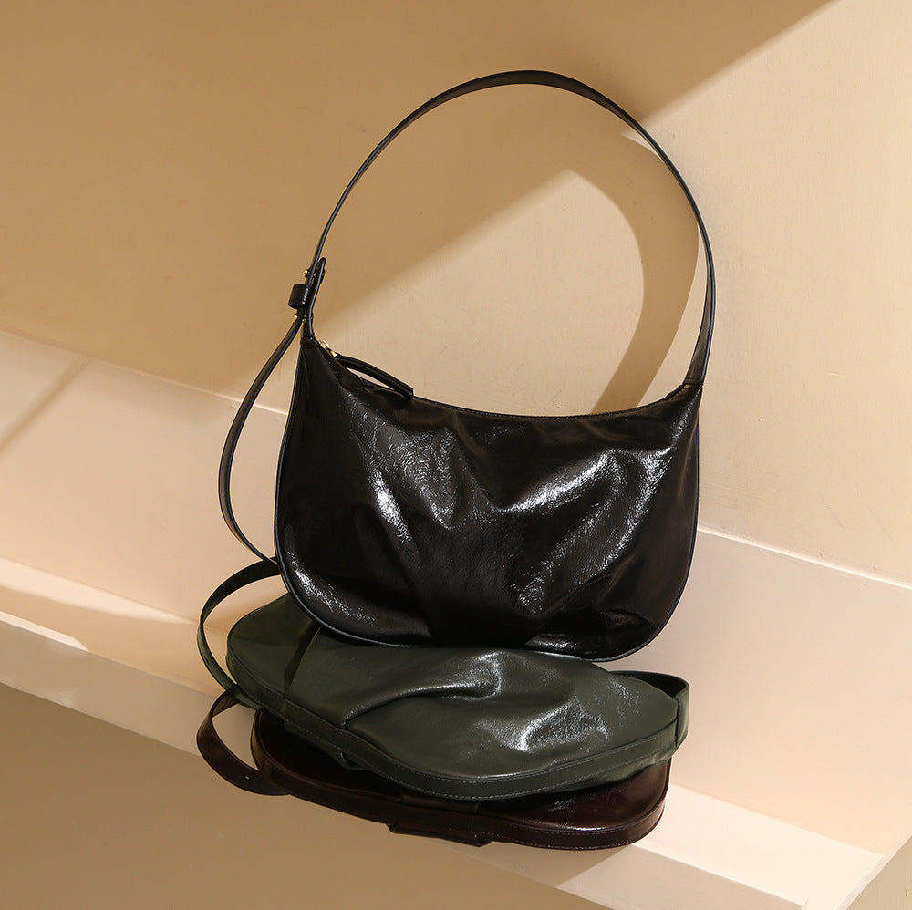 Crystal Oil Wax Cowhide Tote Bag for Women Chic Crossbody for Commuting Versatile Handbag with Luxe Design