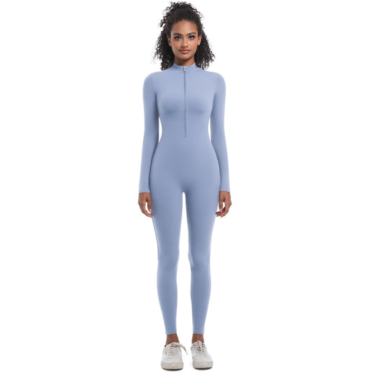 High Performance Zip Up Long Sleeve Yoga Bodysuit Workout Ensemble for Intense Running and Fitness with Design