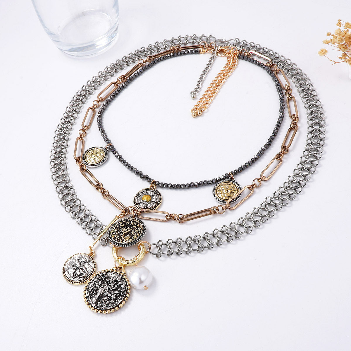 Exaggerated Casual Alloy Geometric Badge Coin Floral Pendant Multi-Layer Chain Necklace for Women - Trendy, Versatile, and Eye-Catching Statement Jewelry