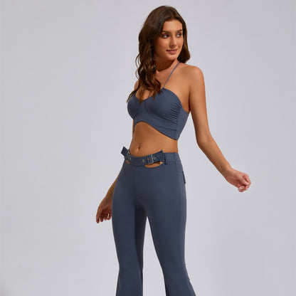 Women's Sports Yoga Set with Supportive Racerback High Waisted Leggings and Flattering Wide Leg Pants for Comfort and Style