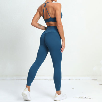 Ruched Back Sports Bra and Matching Legging Set for Running Gym Workouts and Yoga