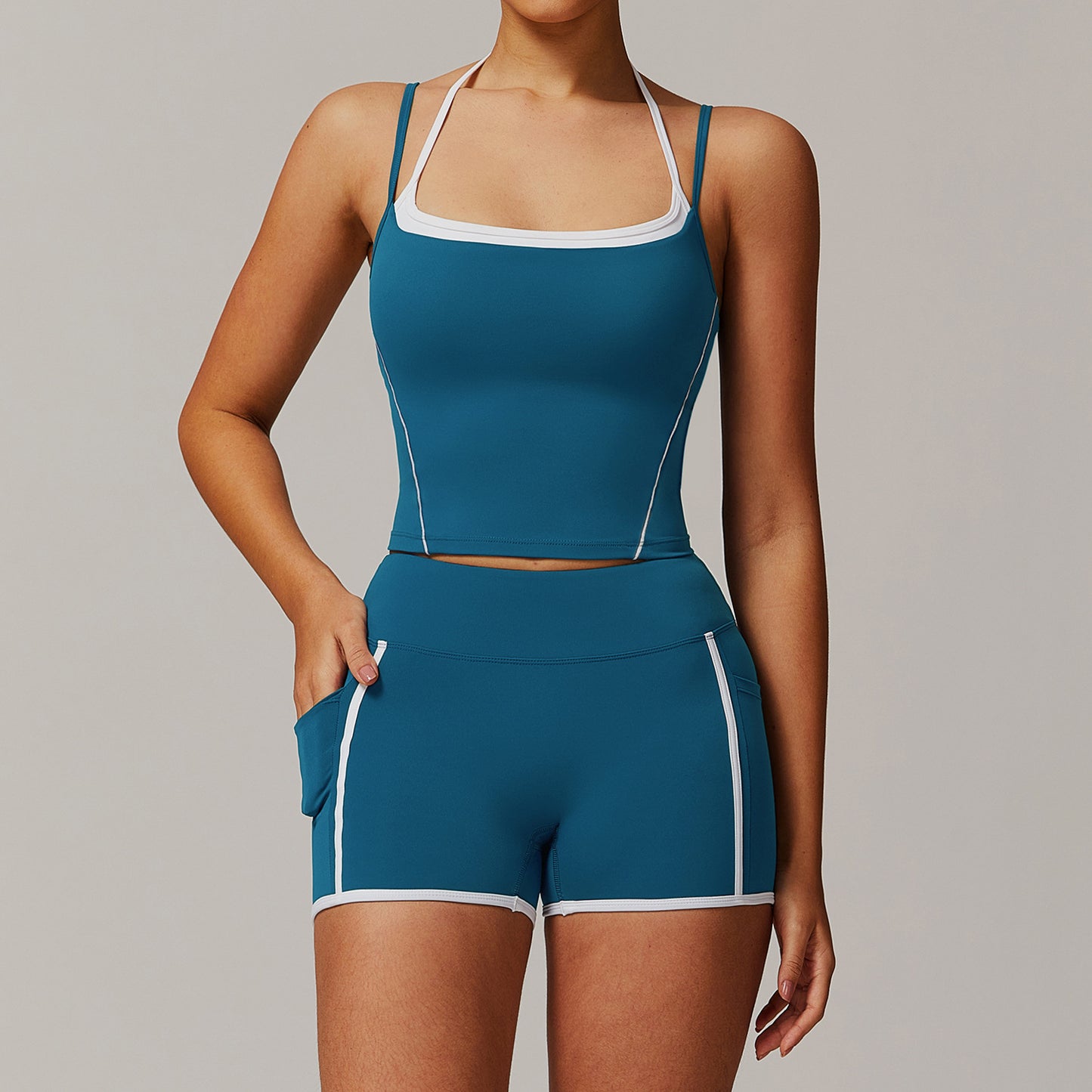 Two Piece Halter Neck Yoga Set with Fold Over High Waist Versatile and Comfortable Fitness Outfit for Your Active Lifestyle Model 5009