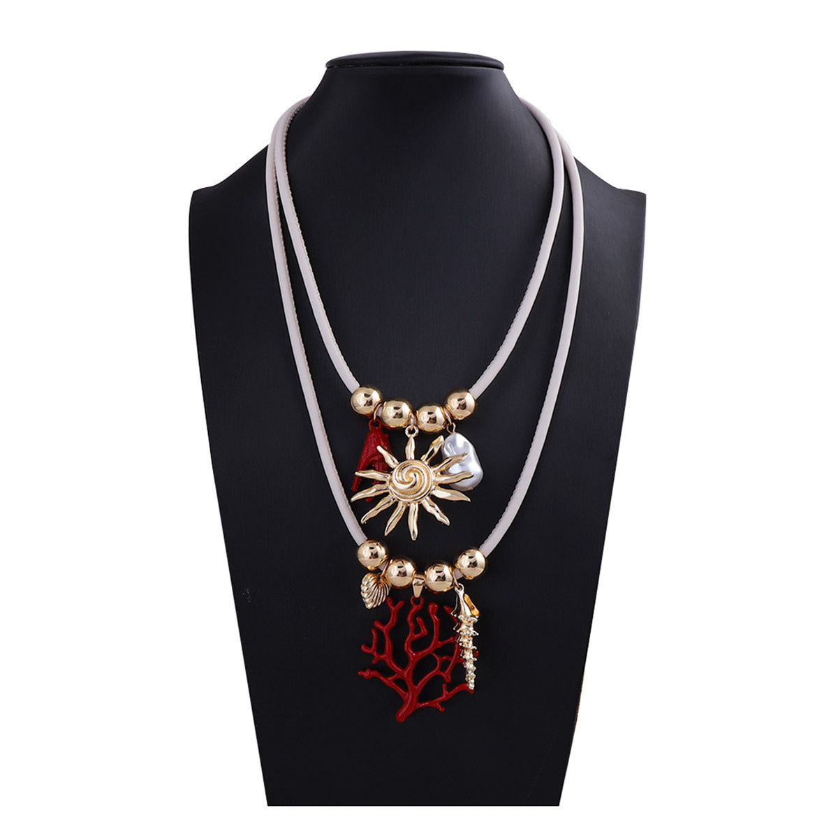 Stylish High-End Alloy Coral Sun Necklace with Imitation Pearls – Double Layered, Wearable with Leather Cord – Perfect Jewelry for Women