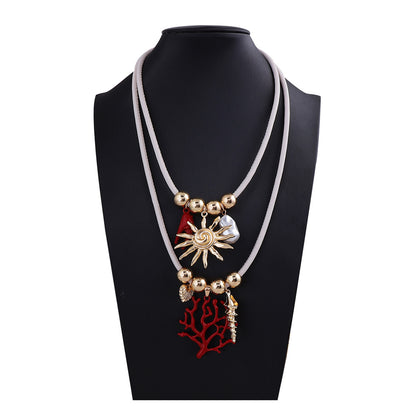 Stylish High-End Alloy Coral Sun Necklace with Imitation Pearls – Double Layered, Wearable with Leather Cord – Perfect Jewelry for Women