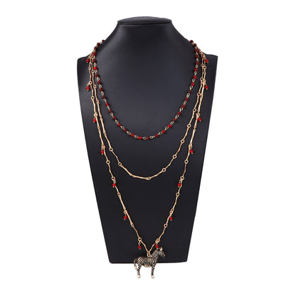 Chic Layered Beaded Chain Necklace with Alluring Zebra Pendant – Stylish and Affordable Luxury Design for Fashion-Forward Women