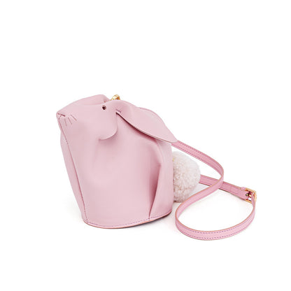 Charming Genuine Leather Rabbit Crossbody Bag for Women Cute Soft Sheepskin with Furry PomPom for Style