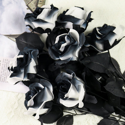 Single Black and White Rose Artificial Silk Flower - Perfect for Halloween Party Decorations, Wedding Photography Props, and Elegant Home Décor