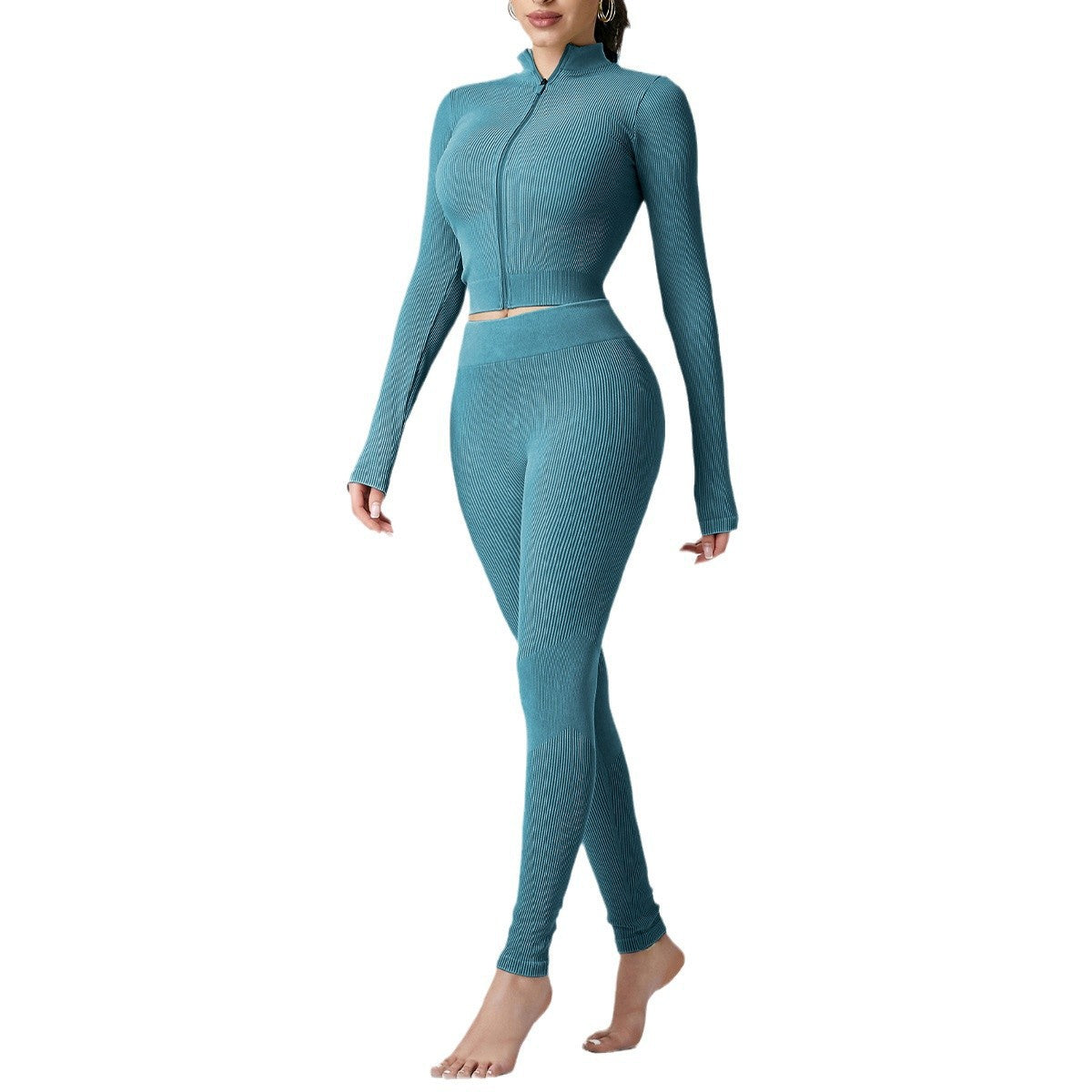 Seamless Sand Washed Zipper Yoga Suit Set Women's 2 Piece Long Sleeve Top and Tapered Leggings for Comfort and Performance