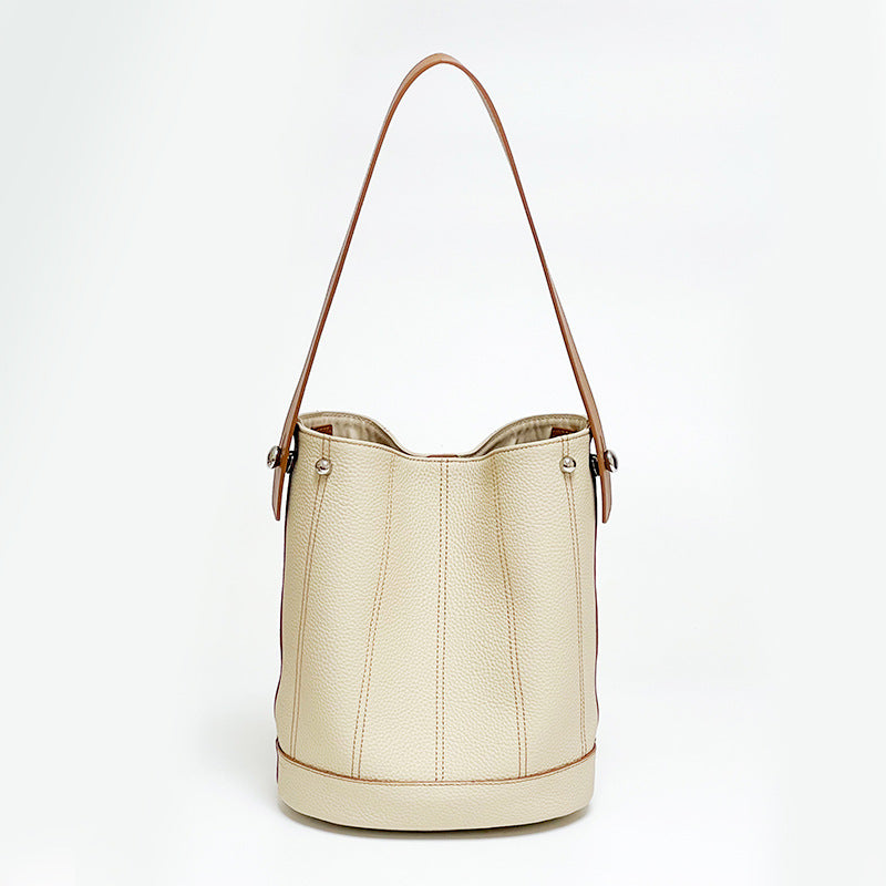 Spring Women s Genuine Leather Bucket Bag Color Blocked Design and Spacious Crossbody Handbag for Everyday Use