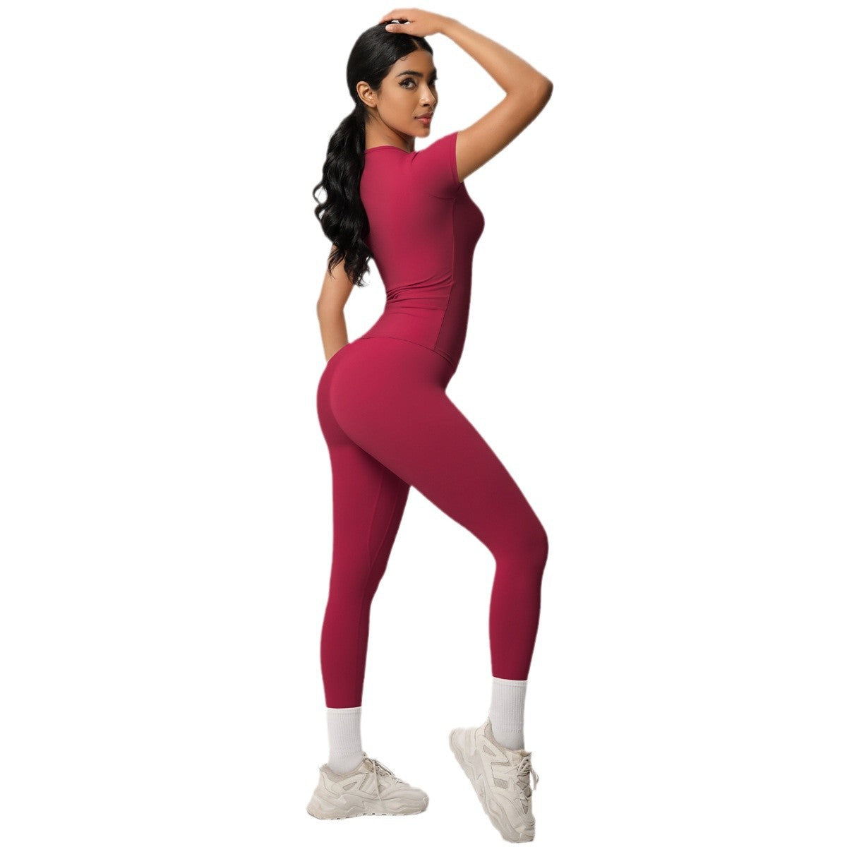 Women's High Waist Athletic Yoga Set Soft Brushed Short Sleeve Top and Fitted Long Pants for Workout and Casual Wear