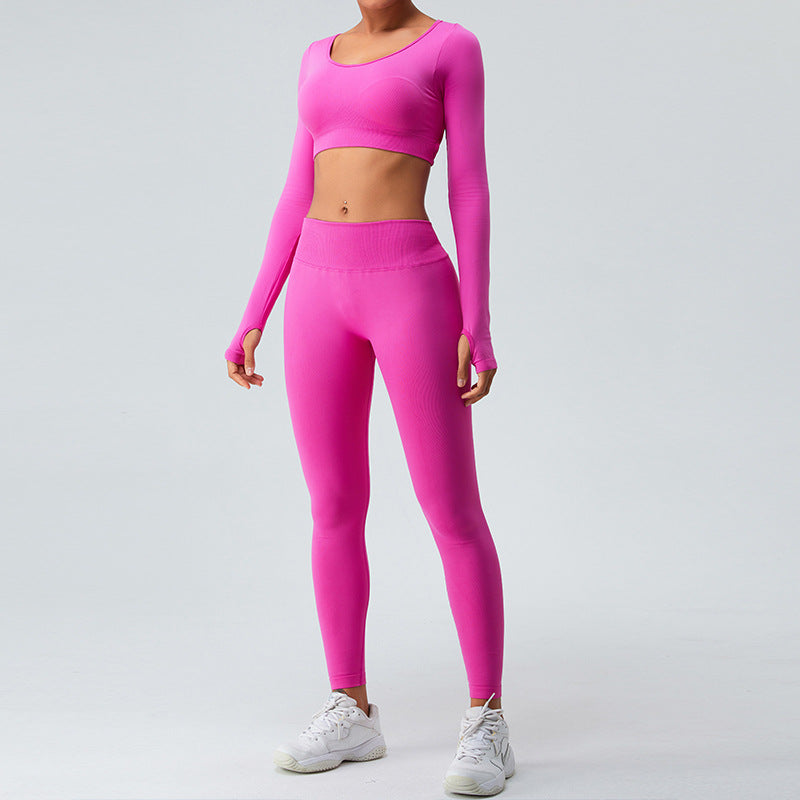 Women s Long Sleeve Yoga Top with Cross Back and V Waist Peach Designed Yoga Pants Activewear Set for Fitness and Training