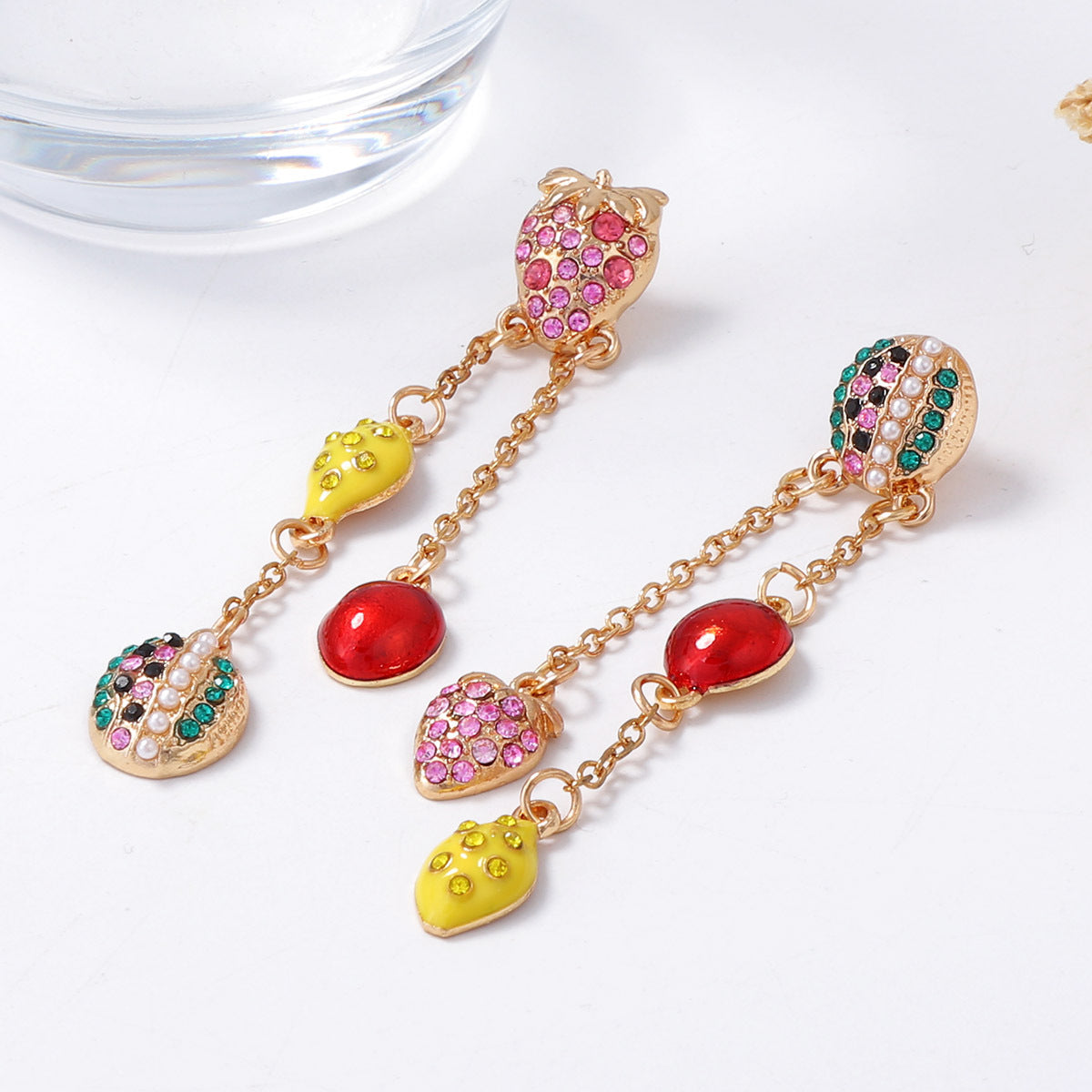 Exaggerated Cute Fruit Series Earrings with Dazzling Rhinestones – Playful Watermelon & Lemon Tassel Design for Women