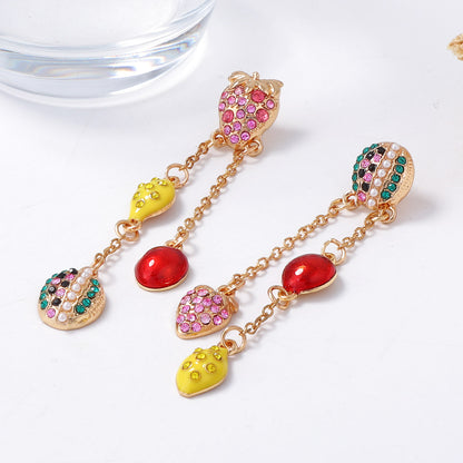 Exaggerated Cute Fruit Series Earrings with Dazzling Rhinestones – Playful Watermelon & Lemon Tassel Design for Women