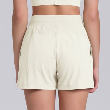 High Waisted Elastic Drawstring Yoga Shorts with Butt Lifting Features Pockets and Comfortable Fit for Casual and Workout Activities