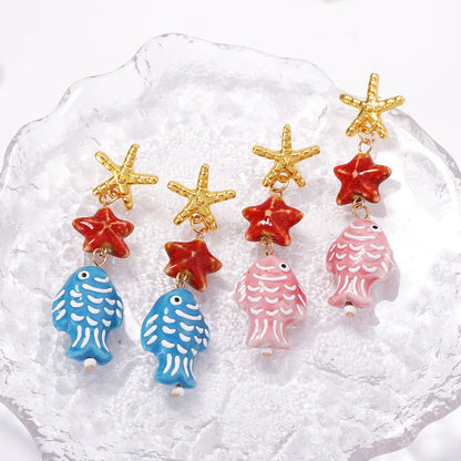 Charming Summer Ocean Breeze Earrings Featuring Sweet and Cute Fish and Starfish Designs - Versatile Women's Jewelry for Every Occasion