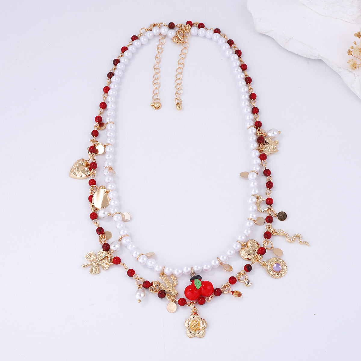 Elegant Double-Layer Beaded Necklace with Imitation Pearl and Glass Flower Pendants - Perfect for Layering and Special Occasions