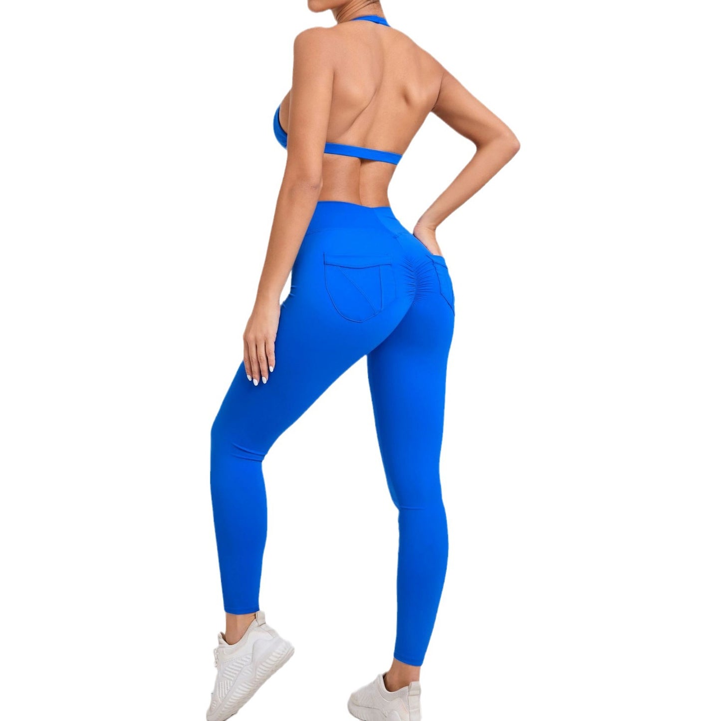 Women's Yoga Set Halter Neck Sports Bra and Pocket Leggings for Running Fitness and Outdoor Workouts Quick Dry Form Fitting and Comfortable Two Piece Activewear