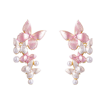 Chic Minimalist Alloy Thin-Coated Color Block Faux Pearl Butterfly Stud Earrings - Elegant Everyday Jewelry for Women