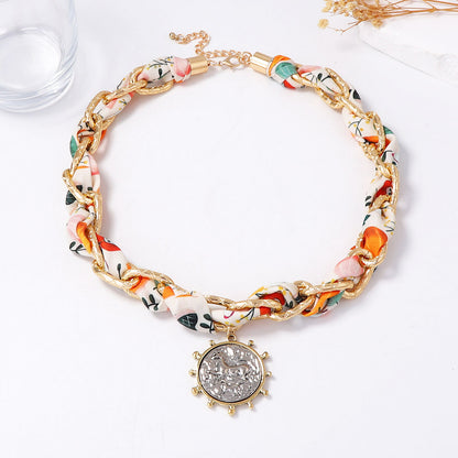 Trendy Personalized Silk Ribbon Chain Interwoven Sweet and Cool Alloy Badge Pendant Necklace - Affordable Luxury for Unique Style Lovers