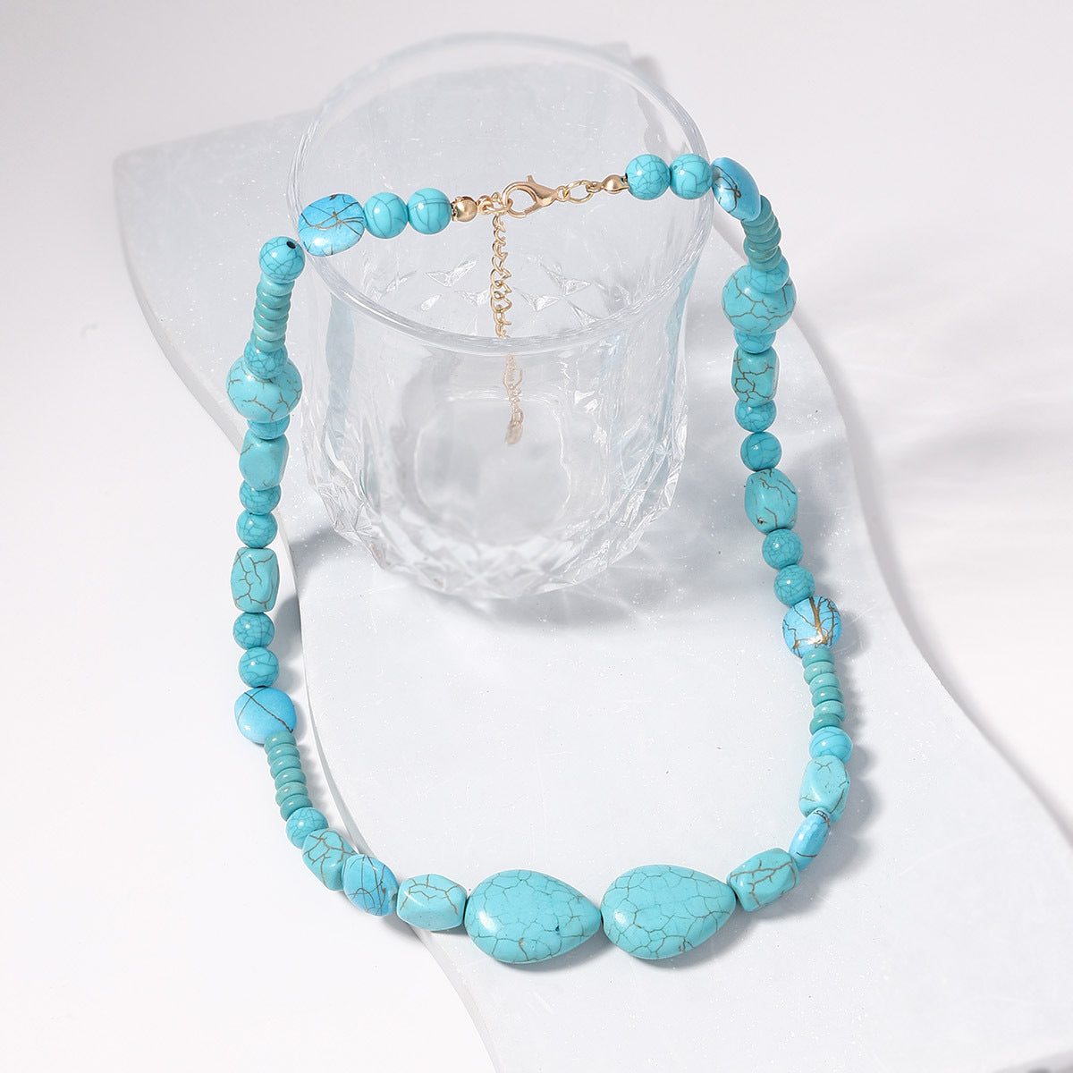 Trendy Irregular Geometric Turquoise Waterdrop Necklace – Unique Green Statement Piece for Effortless Everyday Elegance