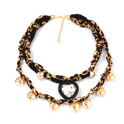 Vintage Wild Leopard Print Braided CCB Heart Pendant Necklace – Versatile, Trendy, and Perfect for Layering