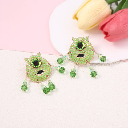 Quirky Cartoon Character Gemstone-Studded Beaded Jewelry – Unique and Fresh Green Design for Individuality