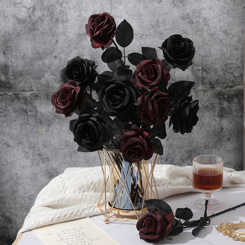 Gothic Black and Dark Red Artificial Roses - Halloween Decor, Realistic Faux Flowers for Photo Styling and Themed Decorations