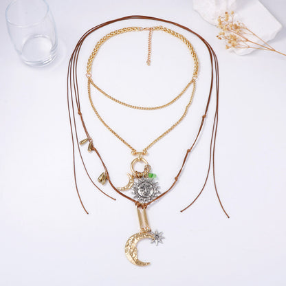 Exaggerated Personality Alloy Sun and Moon Pendant Double Chain Necklace Set – Chic, Luxury Designer Jewelry for Unique Style