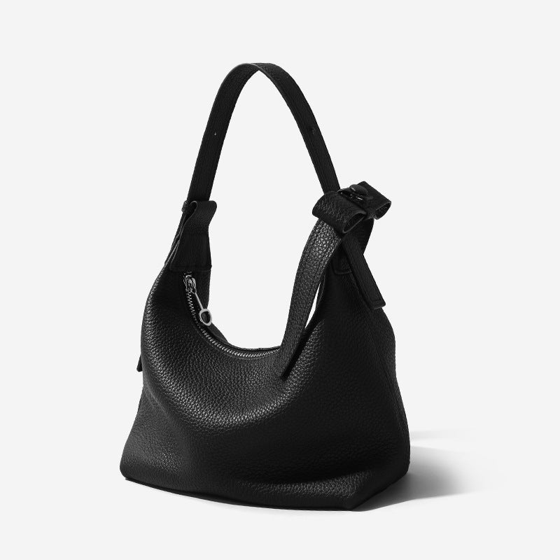 Genuine Leather Litchi Textured Lunch Box Handbag with Chic Bow Design Versatile Shoulder Tote for Commuting Everyday Use