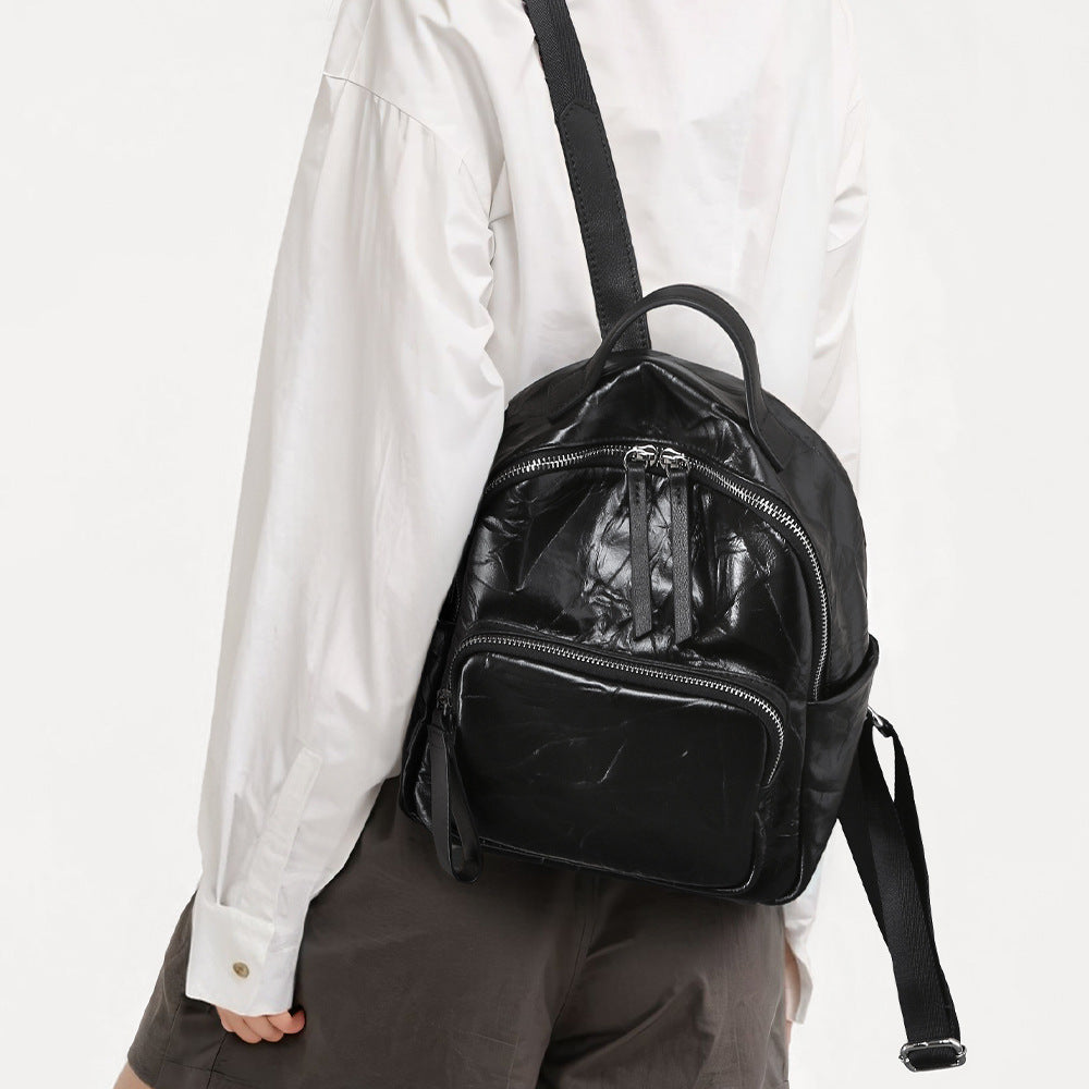 Genuine Grain Leather Folded Texture Double Shoulder Bag Versatile Commuter Tote with Handheld and Single Shoulder Options for Unique Personal Style