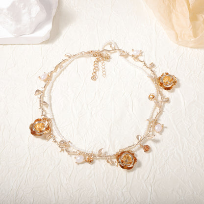 Chic Vintage-Inspired Layered Pearl Rose Flower Necklace - Elegant Multi-Layered Design for Effortless Style