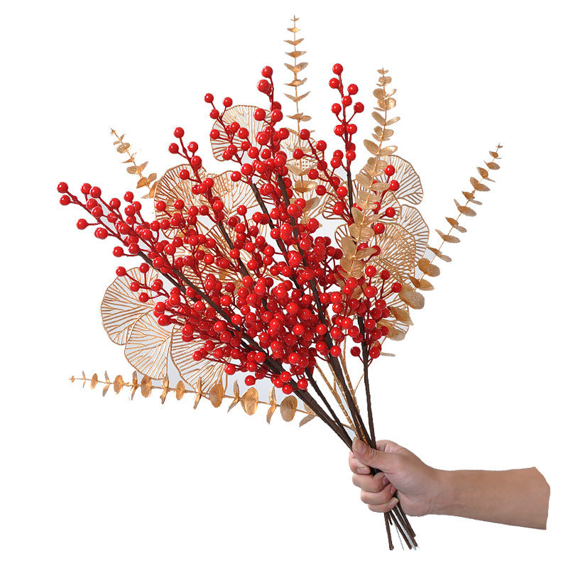 Stunning Gold Artificial Eucalyptus and Ginkgo Leaves Christmas Arrangement with Vibrant Red Berries and Prosperity Decorative Elements for New Year Celebrations and Winter Seasonal Decor