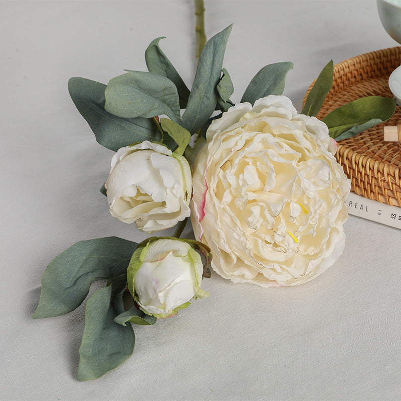 Elegant European-Inspired Faux Peony Bouquet - Three-Headed Belgian Peonies for Stunning Living Room Home Decor - Realistic Silk Flower Arrangement