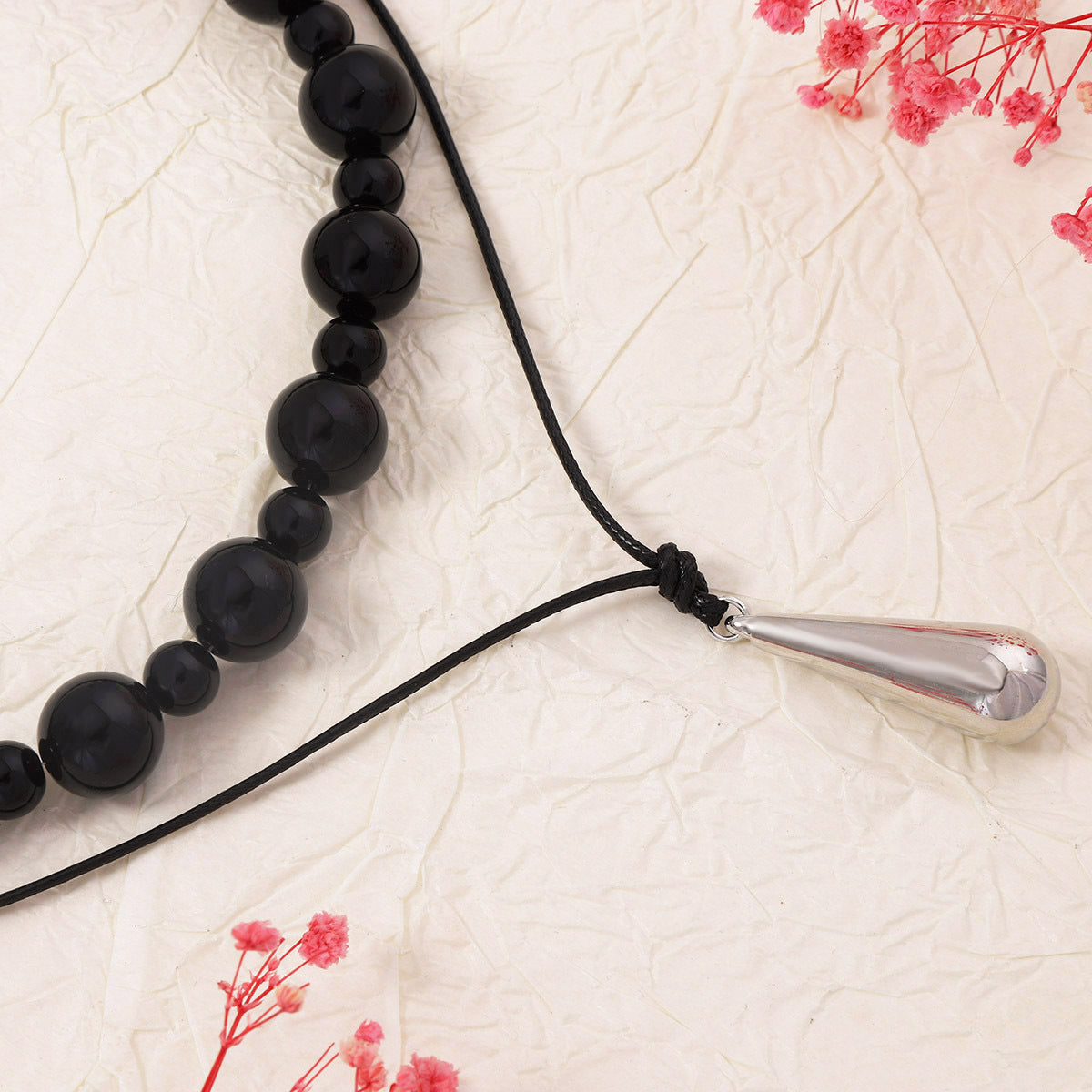 Trendy Geometric Beaded Layered Leather Necklace with CCB Water Drop Pendant - Stylish Casual Jewelry for Women